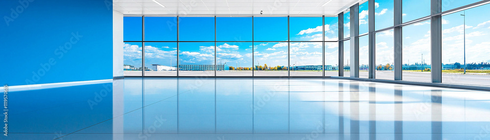 Fototapeta premium Spacious modern interior with large windows and bright natural light.