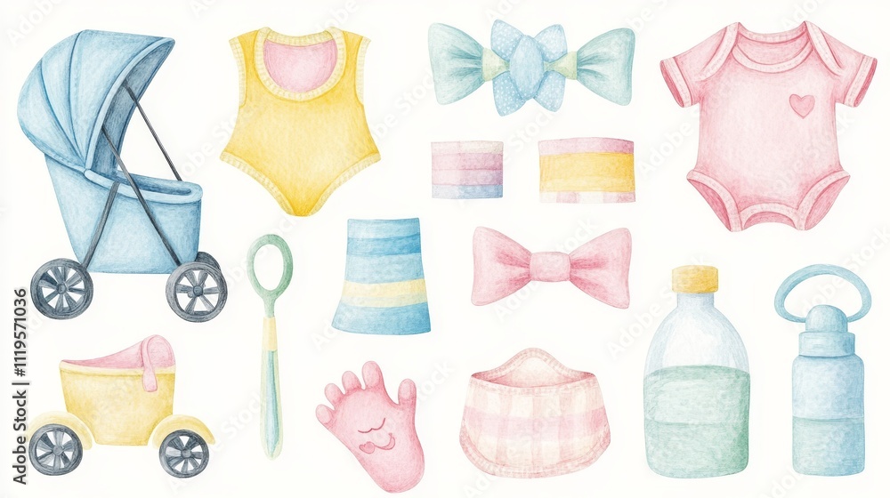 playful baby accessories illustration in wax crayon texture, delicate nursery elements featuring bowtie, stroller, baby clothes, feeding bottles, scalloped bibs, infant footprint, sweet pastel color playful baby accessories illustration in wax crayon texture, delicate nursery elements featuring bowtie, stroller, baby clothes, feeding bottles, scalloped bibs, infant footprint, sweet pastel color
