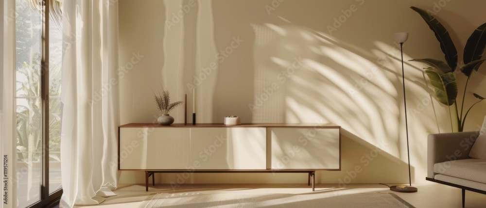 A serene, minimalist living room captures gentle sunlight through sheer curtains, highlighting the elegance of simple design and tranquility. A serene, minimalist living room captures gentle sunlight through sheer curtains, highlighting the elegance of simple design and tranquility.