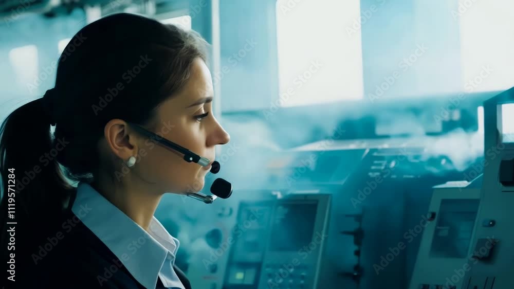 Control room operator communicates effectively through headset while working in a smoky environment during crucial operations
