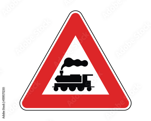 Fotografie Level Crossing without Barriers Warning Sign Featuring Red Triangle and Black St