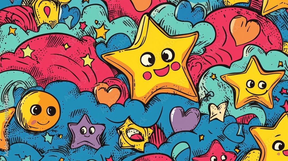 elementary school notebook doodle art, happy star characters, heart motifs, wavy lines, puzzle pieces with eyes, key illustration, cloud shapes, crayon hatching effect, freehand drawing style, elementary school notebook doodle art, happy star characters, heart motifs, wavy lines, puzzle pieces with eyes, key illustration, cloud shapes, crayon hatching effect, freehand drawing style,