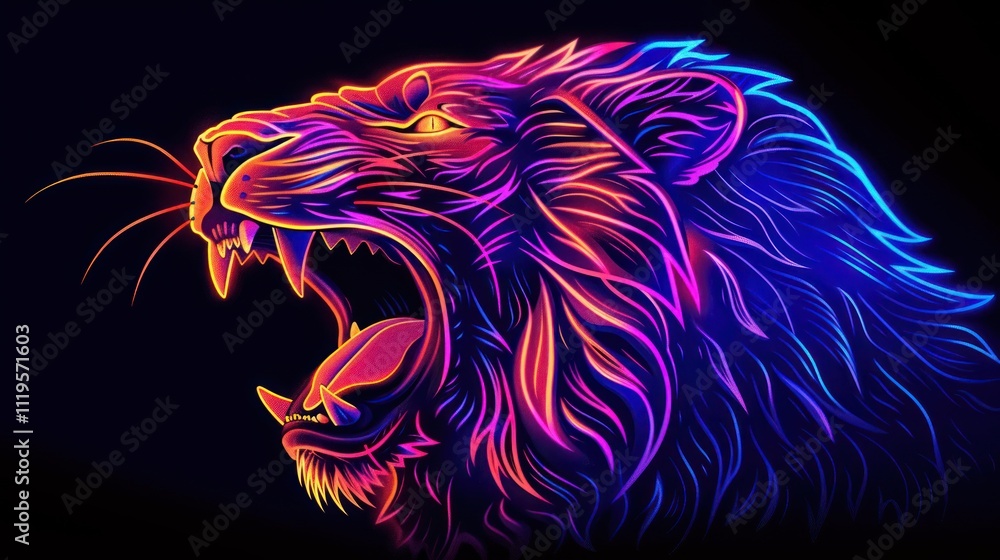 Fototapeta premium Roaring neon lion head profile.
