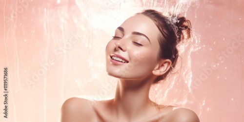 Close-up of a young woman with glowing skin, tied-back hair, closed eyes, and water splashes, set against a soft pink background, radiating elegance and freshness