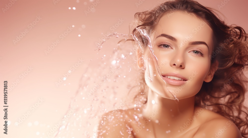 Close-up of a smiling young woman with glowing skin, soft wavy hair, and water splashes framing her face, set against a warm peach background, radiating freshness and beauty Close-up of a smiling young woman with glowing skin, soft wavy hair, and water splashes framing her face, set against a warm peach background, radiating freshness and beauty