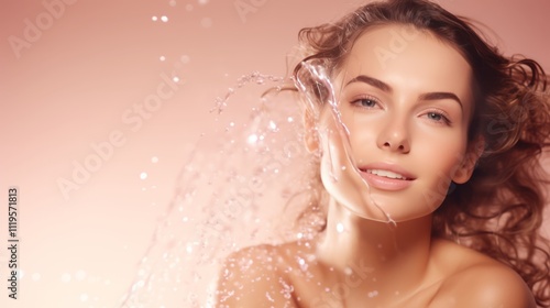 Close-up of a smiling young woman with glowing skin, soft wavy hair, and water splashes framing her face, set against a warm peach background, radiating freshness and beauty photo