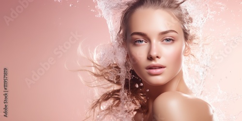 Close-up of a young woman with glowing skin, loose flowing hair, and cascading water splashes, set against a soft pink background, exuding vitality and sophistication photo