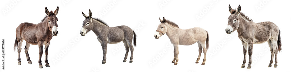 Set of A donkey standing, on a,PNG format Background. Generative AI, Set of A donkey standing, on a,PNG format Background. Generative AI,