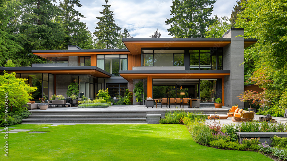 Modern Luxury Home with Expansive Patio and Lush Landscaping Modern Luxury Home with Expansive Patio and Lush Landscaping