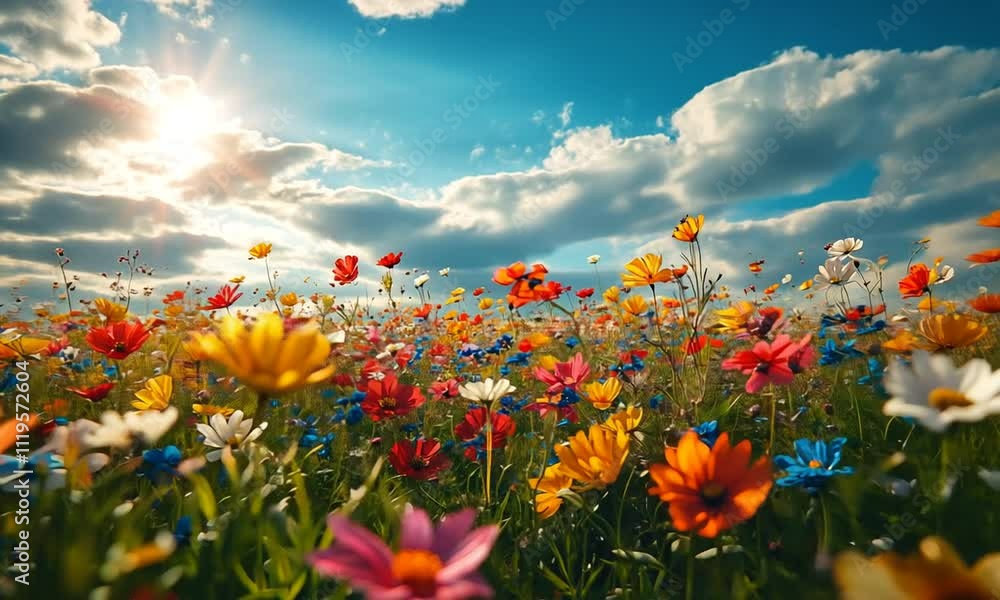 Vibrant wildflowers bloom in a sunny meadow under a bright sky. Vibrant wildflowers bloom in a sunny meadow under a bright sky.