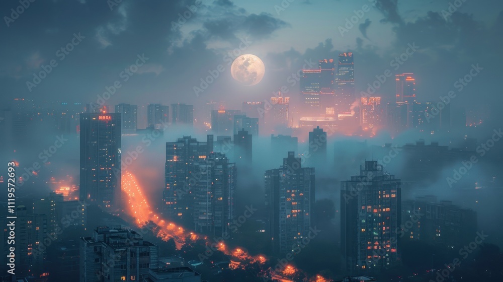 Fototapeta premium Foggy city skyline at night with full moon.