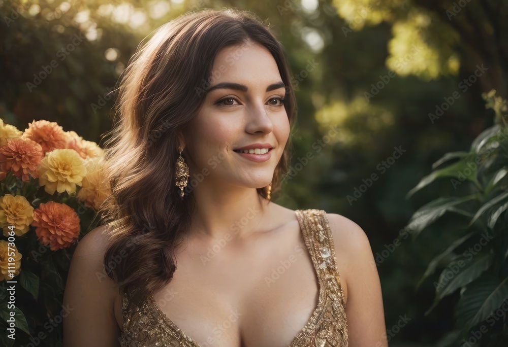 A woman in a gold gown stands elegantly by a vibrant flower bush A woman in a gold gown stands elegantly by a vibrant flower bush