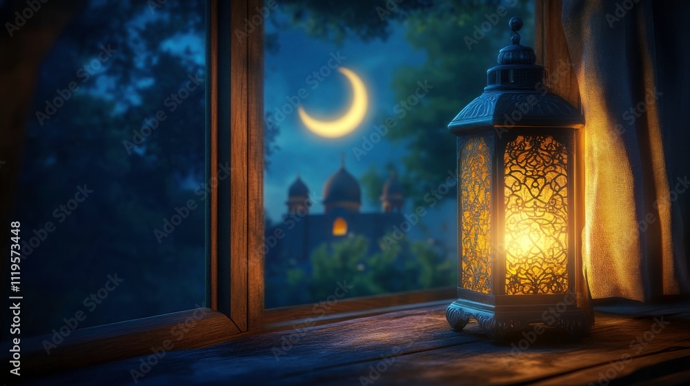 Glowing Lantern by Rustic Window with Mosque View Glowing Lantern by Rustic Window with Mosque View
