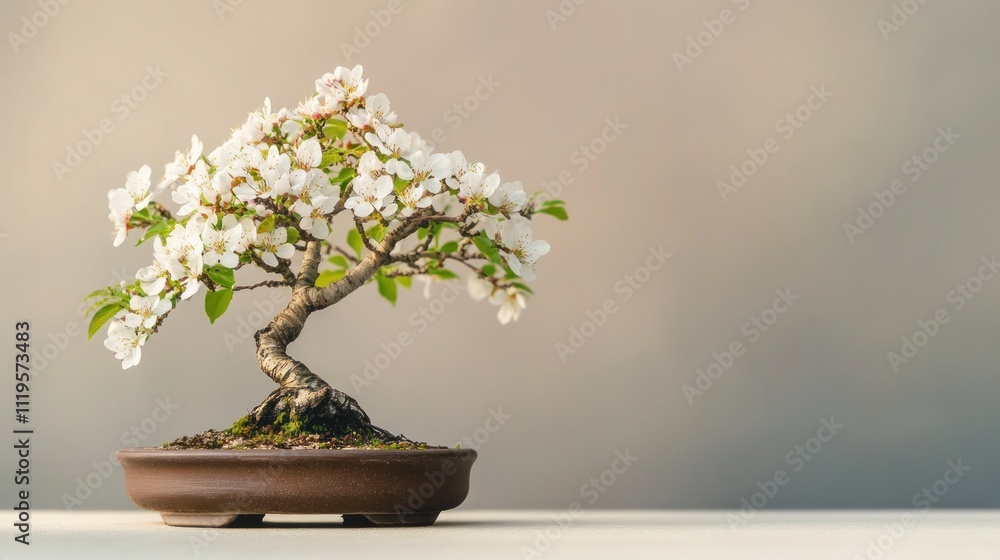 Ancient bonsai with small white flowers, studio lighting, isolated on a plain background Ancient bonsai with small white flowers, studio lighting, isolated on a plain background
