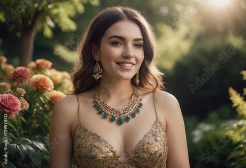 A woman in a gold gown stands elegantly by a vibrant flower bush