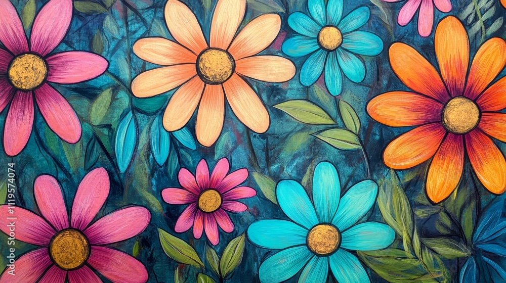 innocent flower doodles, simple daisy shapes, pink orange blue petals, golden flower centers, light green foliage, nursery art style, loose crayon lines, cheerful botanical illustrations, floating innocent flower doodles, simple daisy shapes, pink orange blue petals, golden flower centers, light green foliage, nursery art style, loose crayon lines, cheerful botanical illustrations, floating