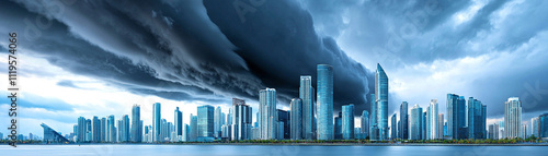 Dramatic skyline with towering skyscrapers under a stormy sky, reflecting modern urban architecture. photo