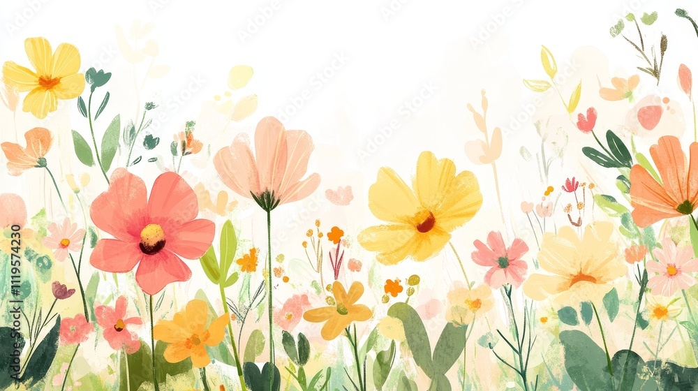 sweet flower field doodles, gentle petal outlines, sunny yellow centers, pastel color scheme, scattered leaf motifs, innocent drawing technique, soft crayon strokes, simple botanical shapes, carefree