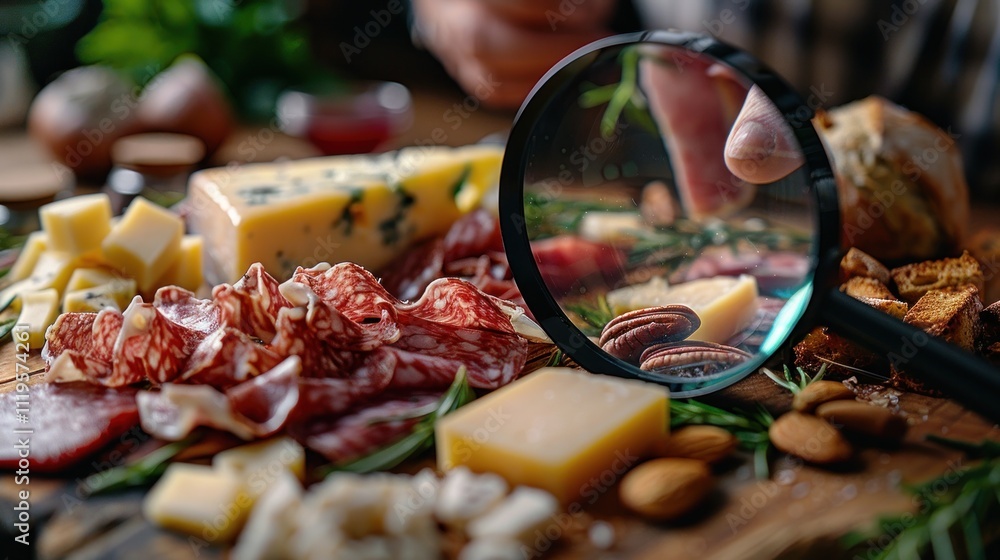 Close-up of a gourmet cheese and meat platter being examined with a magnifying glass. Close-up of a gourmet cheese and meat platter being examined with a magnifying glass.