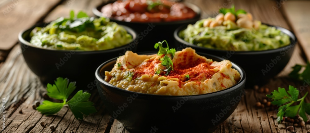 A colorful array of dips in black bowls on a rustic wooden table, surrounded by fresh herbs and spices, creating a vibrant culinary scene. A colorful array of dips in black bowls on a rustic wooden table, surrounded by fresh herbs and spices, creating a vibrant culinary scene.