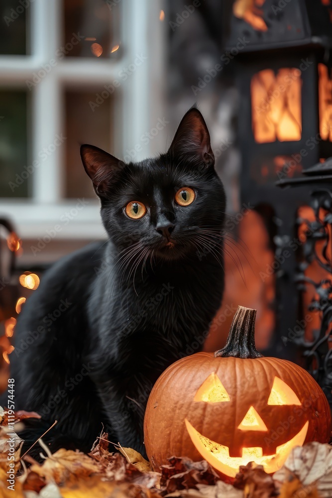 A Halloween scene featuring a black cat with a pumpkin. A Halloween scene featuring a black cat with a pumpkin.