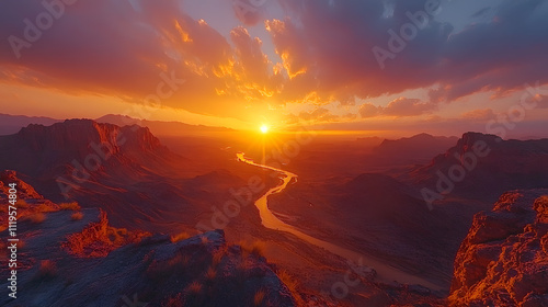 A breathtaking photography of Big Bend National Park at sunset, showcasing dramatic mountain ranges, sprawling desert landscapes, and the Rio Grande River snaking through the rugged terrain. photo