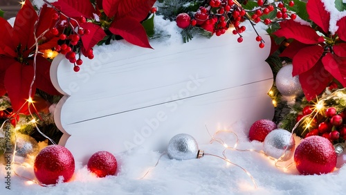 Christmas blank Sign, Blank Sign with Christmas Decorations, red berries, ornaments and swirl lights on sign board resting on snow 