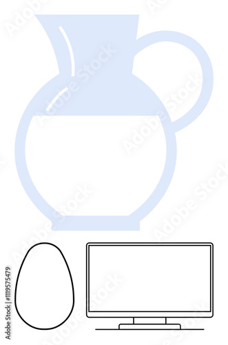 Ceramic jug, seamless egg outline, flat screen television. Ideal for kitchen themes, technology commentary, graphic design, decor, simplicity in art educational material. Line metaphor