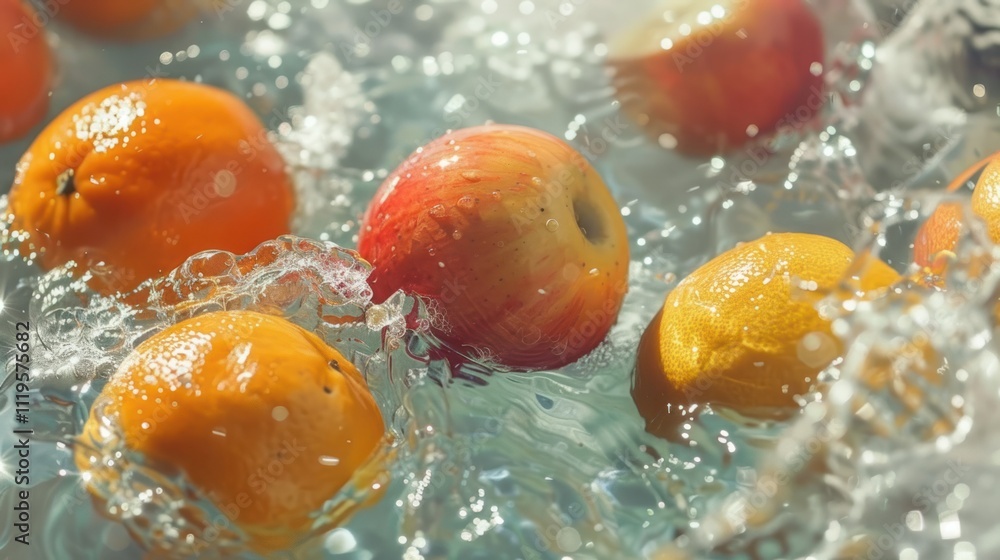 Apples and oranges splashing in water. Apples and oranges splashing in water.