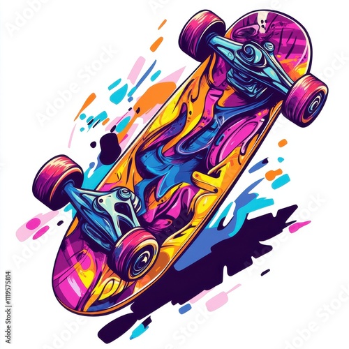 Colorful skateboard design with vibrant paint splashes and dynamic motion.