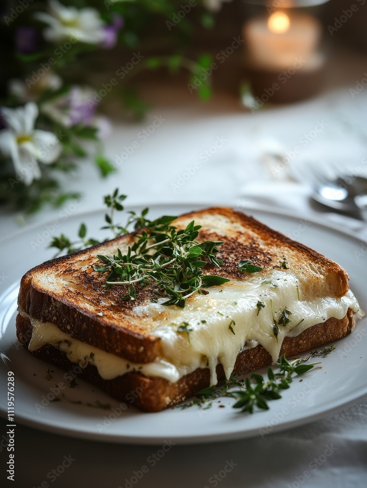 A delicious grilled cheese sandwich topped with herbs, presented on a white plate. A delicious grilled cheese sandwich topped with herbs, presented on a white plate.