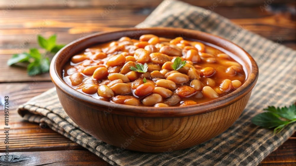 Close-up of a bowl of savory baked beans, beans, vegetarian, comfort food, baked, delicious, dish, meal, side, homemade Close-up of a bowl of savory baked beans, beans, vegetarian, comfort food, baked, delicious, dish, meal, side, homemade