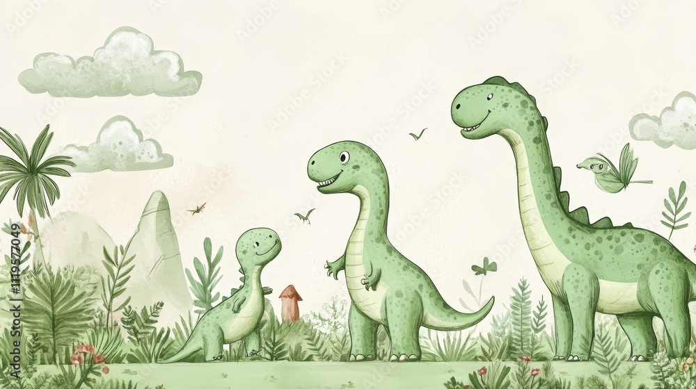 Obraz premium whimsical dinosaur drawings, green pastel jurassic creatures, simple line art style, charcoal outline texture, childhood art aesthetic, natural history illustration, primitive sketch style,