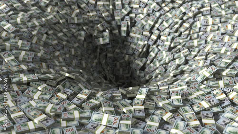 Money Vortex, Bundles of Dollars are Draining into the Hole, Seamless Looping 3d animation, Ultra HD 4K 3840x2160