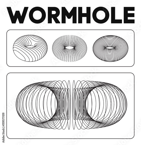 Wormhole physics diagram with black hole topology, space-time curvature, and gravitational field lines. Abstract scientific illustration of theoretical physics and cosmic phenomena.