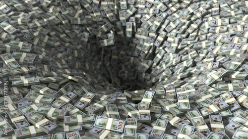 Money Vortex, Bundles of Dollars are Draining into the Hole, Seamless Looping 3d animation, Ultra HD 4K 3840x2160