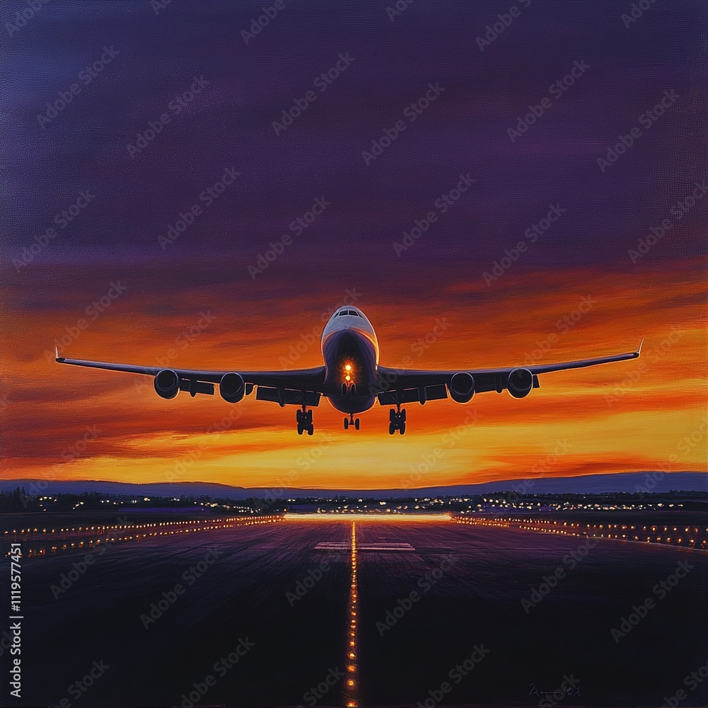 Naklejka premium Commercial Airplane Taking Off at Dawn with Dramatic Orange and Purple Sky Lighting