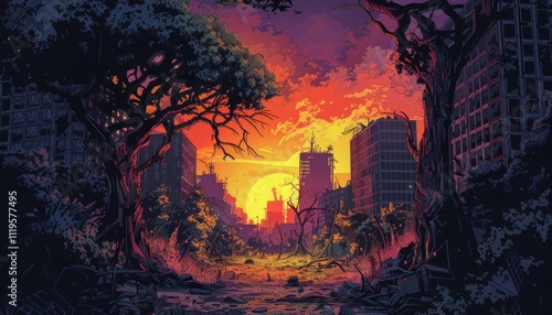 Overgrown Cityscape Sunset Apocalyptic Ruins