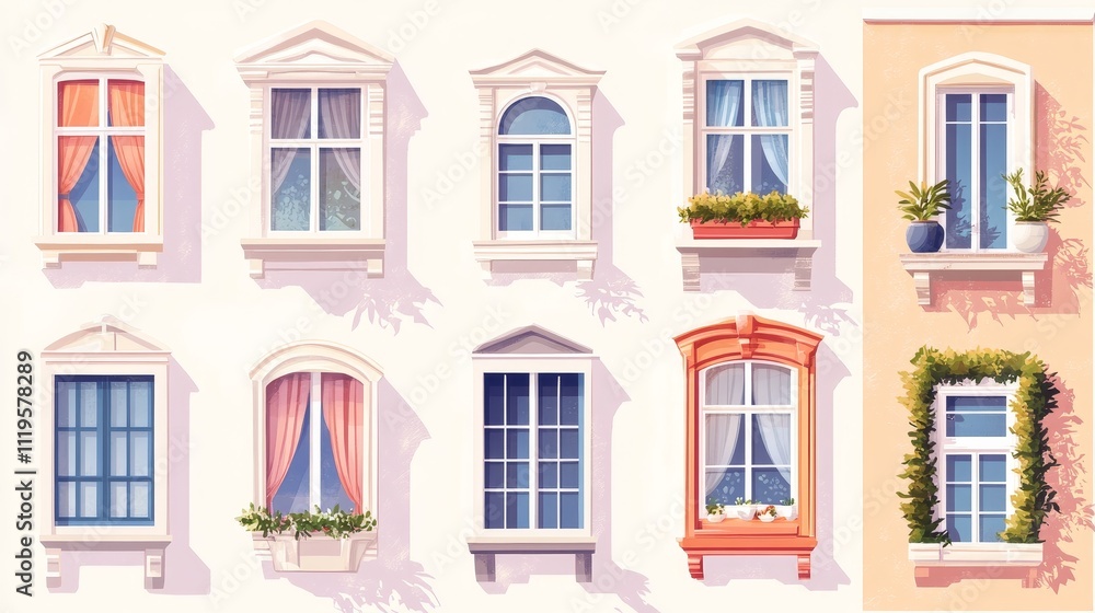 residential windows collection, varied curtain styles, interior design elements, classic window frames, soft home decor, architectural details, simple flat illustration, warm color scheme residential windows collection, varied curtain styles, interior design elements, classic window frames, soft home decor, architectural details, simple flat illustration, warm color scheme