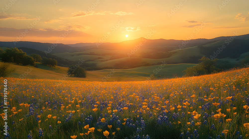 Obraz premium Photography capturing the vibrant bluebonnet fields of Hill Country, with rolling hills covered in wildflowers under a golden sunrise, creating a serene and colorful scene.