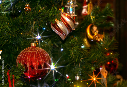 Close-up of Christmas tree decorations, shallow depth of field image