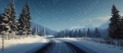 Scenic winter road through snowy forest with tall pine trees and starry sky creating tranquil atmosphere photo