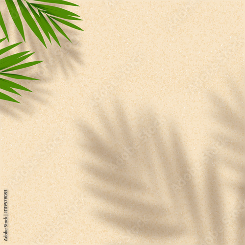 Sand Texture background with Coconut Palm leaves shadow for Summer vibes product present banner,Vector flay lay Beige beach sandy by seaside,Tropical leaf silhouette on brown sand for travel backdrop