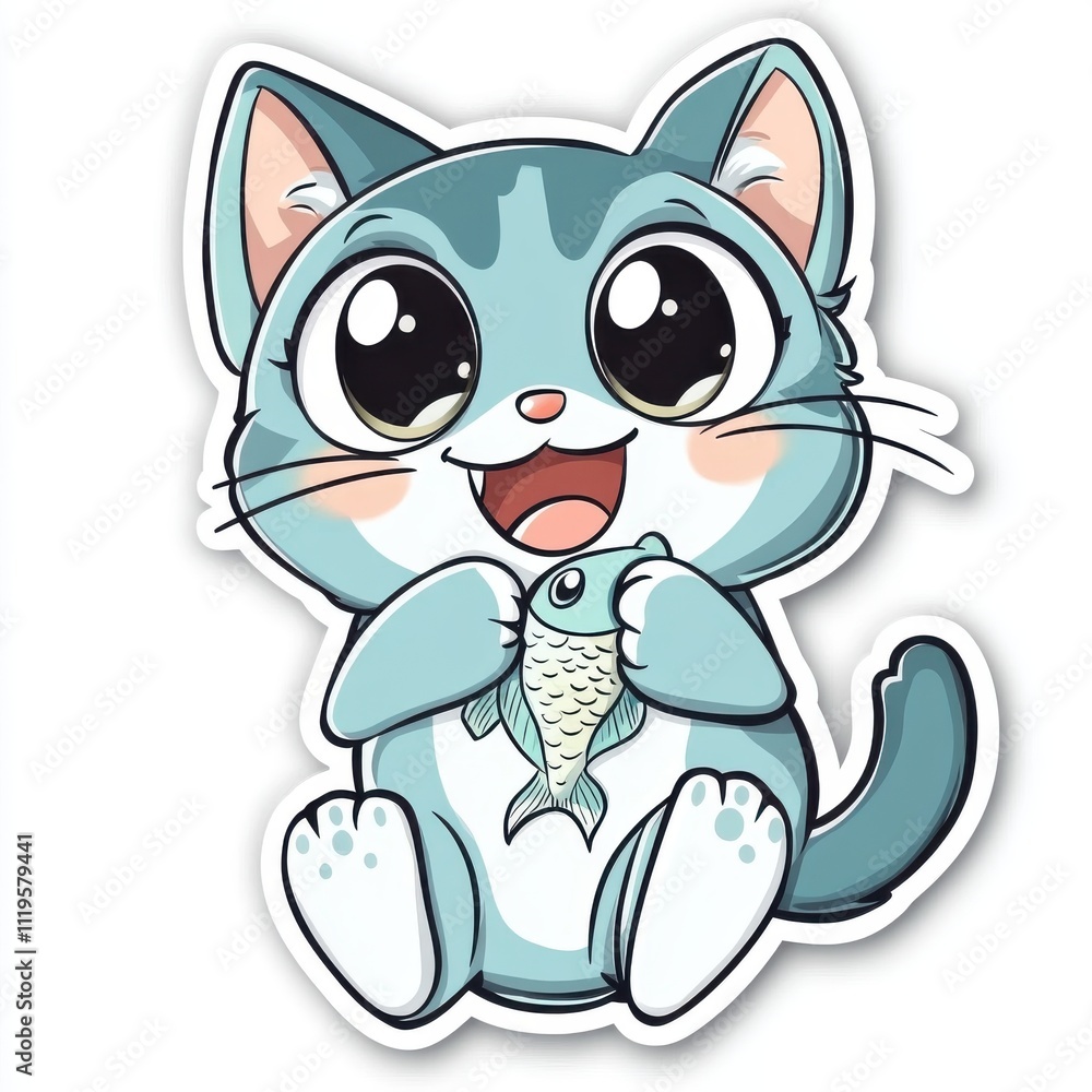Cute cartoon cat holding a fish. Cute cartoon cat holding a fish.