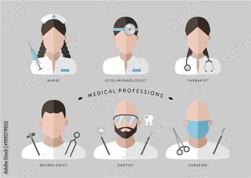 Medical professions: nurse, otolaryngologist, surgeon, therapist, dentist, neurologist