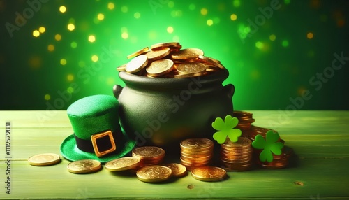 Pot of gold coins with leprechaun hat and shamrocks on a wooden surface against green bokeh background. St. Patrick's Day theme photo