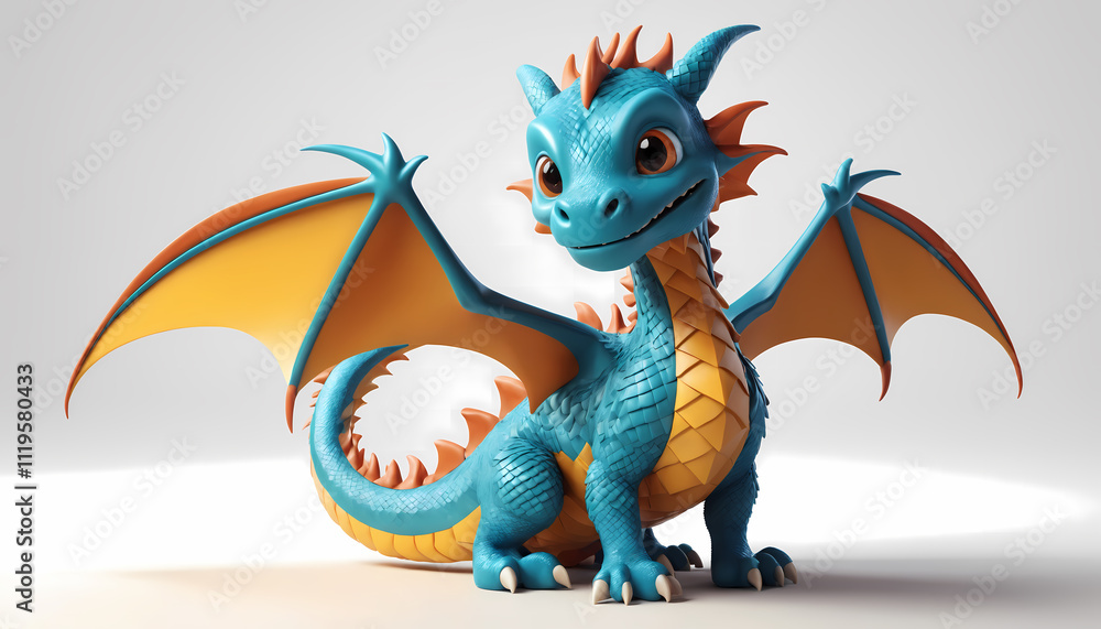 Fototapeta premium Cute dragon smiling illustration in 3d cartoon style and expressive features, posed dynamically on a clean white isolated background, casting deep studio