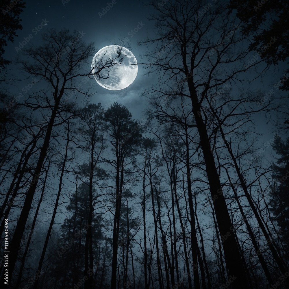 A misty forest with trees silhouetted against a bright, full moon. A misty forest with trees silhouetted against a bright, full moon.