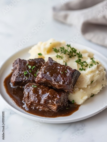 A plate of tender beef with rich gravy served alongside creamy mashed potatoes.