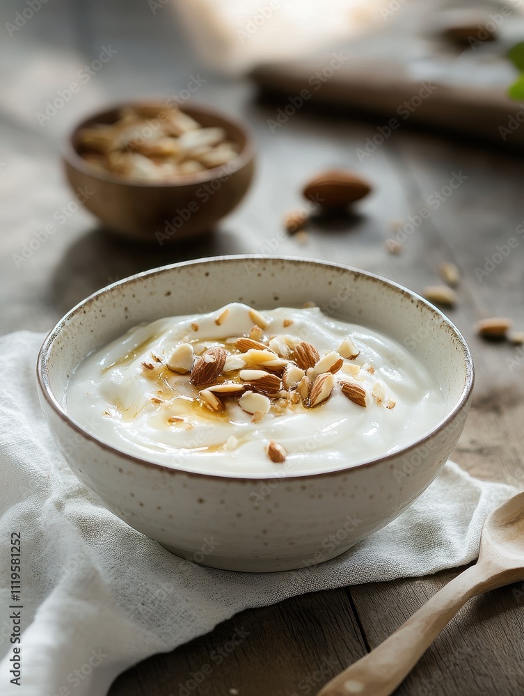 A bowl of yogurt topped with nuts and honey, set on a wooden table. A bowl of yogurt topped with nuts and honey, set on a wooden table.